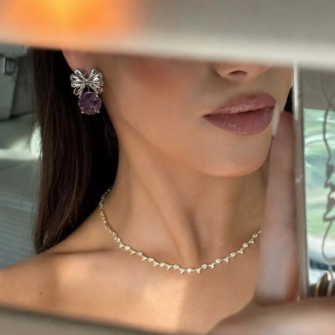 گوشواره نقره «Velvet»، رنگ نقره‌ای و بنفش، جنس فلز و سنگ، مدل پاپیونی با نگین گرد