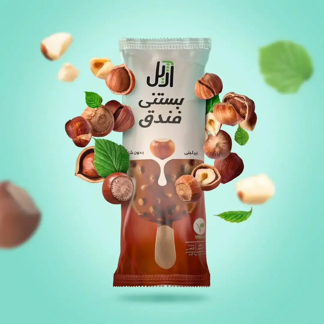 بستنی فندق ۱۰۰ گرمی ارلیل، رنگ سفید و قهوه‌ای، جنس پلاستیک، بستنی یخی در بسته‌بندی