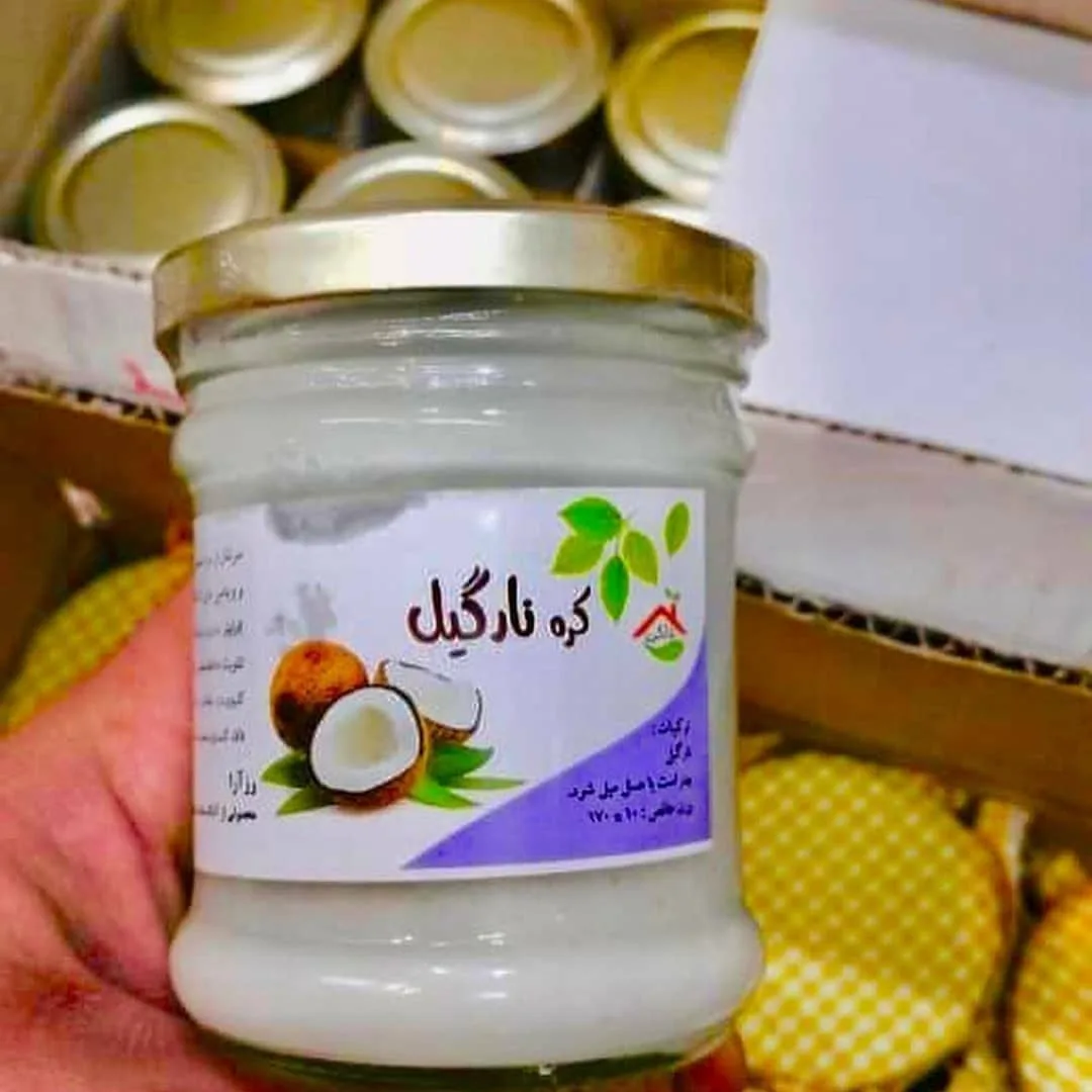 کره نارگیل ۱۷۰ گرمی، رنگ سفید، جنس شیشه، جار شیشه‌ای