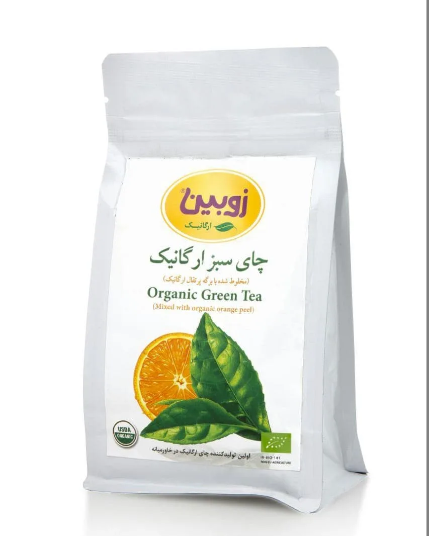 چای سبز ارگانیک با برگه پرتقال ۱۰۰ گرمی زوبین، رنگ سفید، جنس پلاستیک، بسته کیسه‌ای