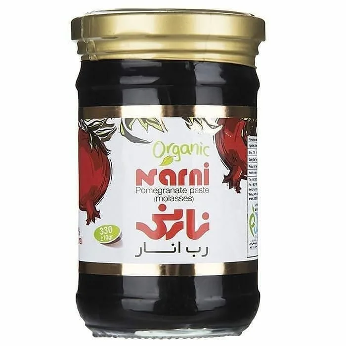 رب انار ارگانیک نارنی، رنگ قرمز تیره و طلایی، جنس شیشه، جار