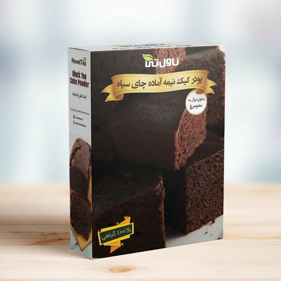پودر کیک چای سیاه ناول تی، رنگ قهوه‌ای و سفید، جنس مقوا، جعبه