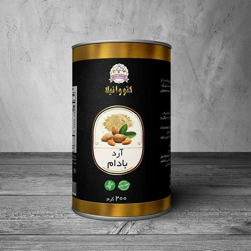 آرد بادام ۲۰۰ گرمی کتووانیلا، رنگ مشکی و طلایی، جنس فلز، قوطی استوانه‌ای