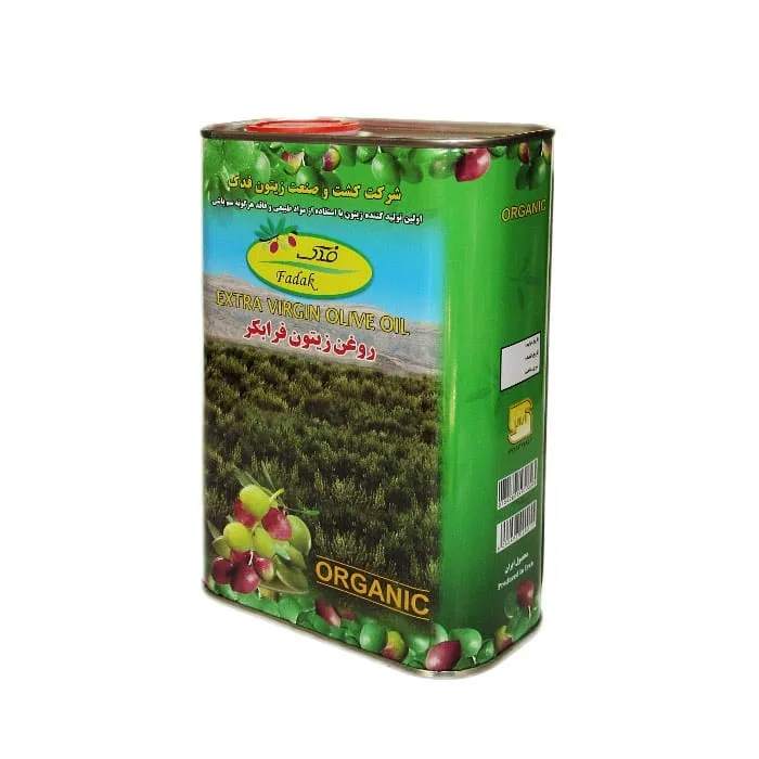 روغن زیتون فرابکر ارگانیک فدک، رنگ سبز، جنس فلز، قوطی استوانه‌ای