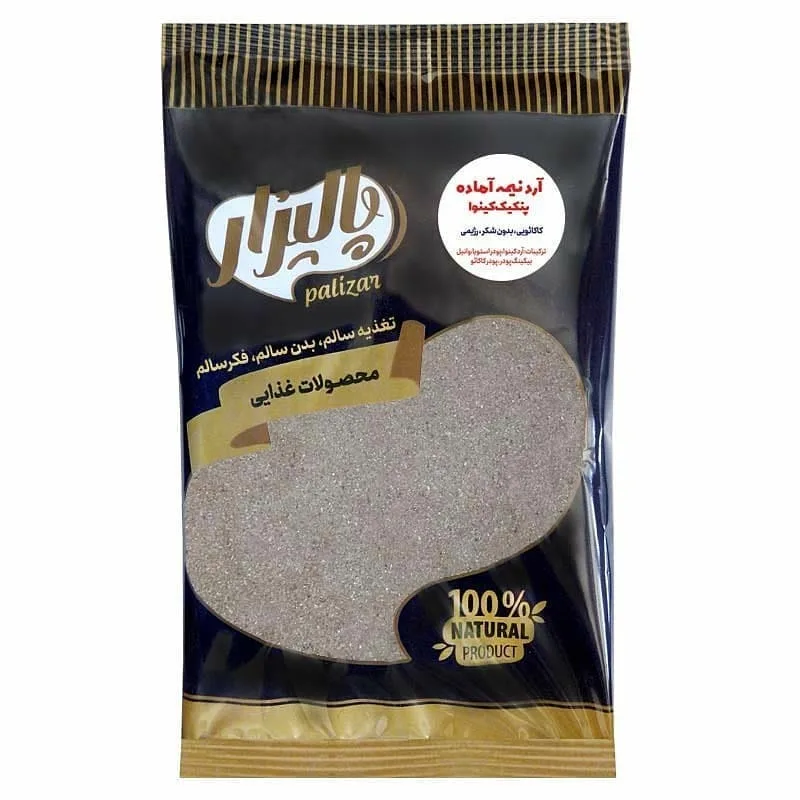 پودر پنکیک کینوا ۲۱۰ گرمی پالیزار، رنگ سرمه‌ای و طلایی، جنس پلاستیک، بسته کیسه‌ای