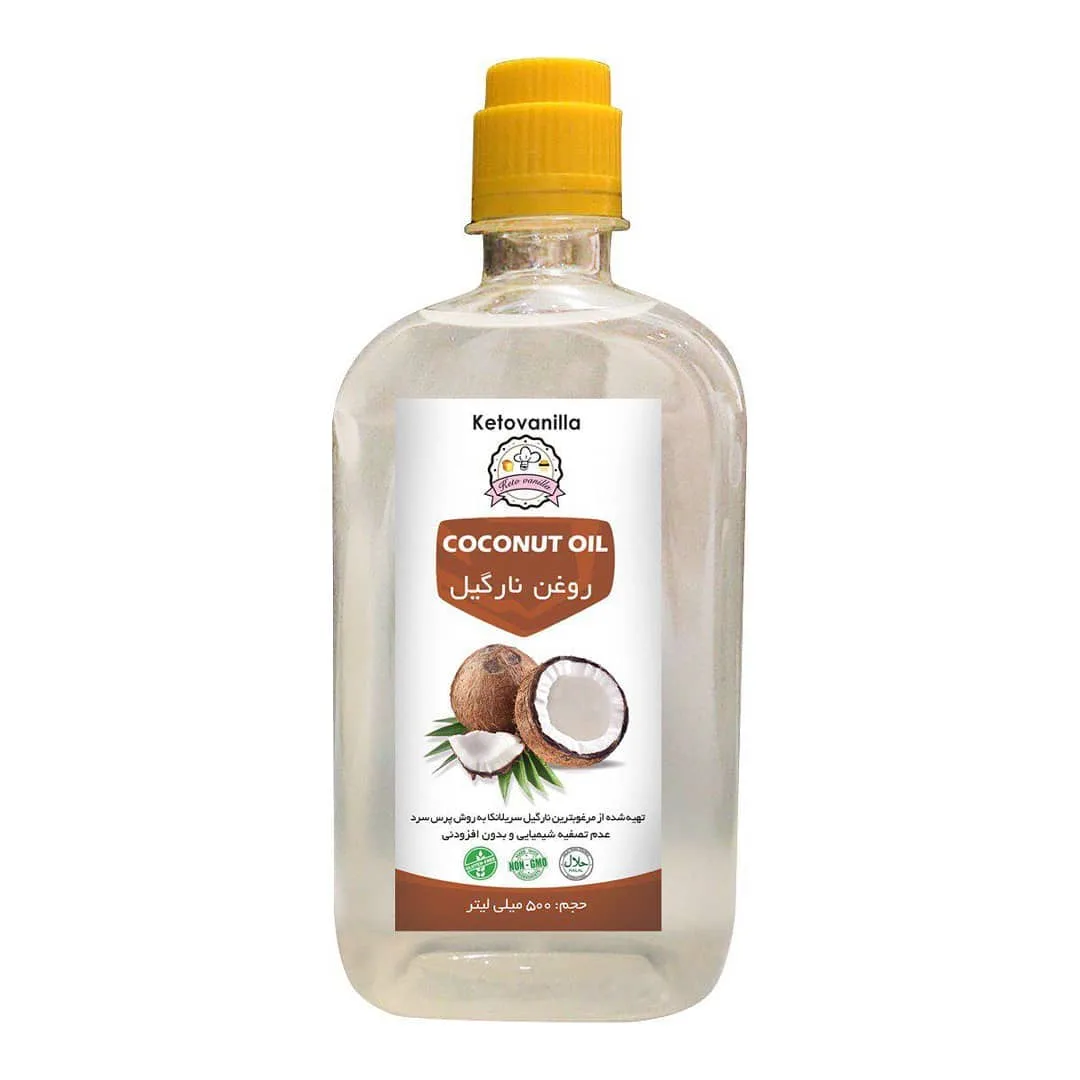 روغن نارگیل ۲۵۰ سی‌سی Ketovanilla، رنگ سفید و زرد، جنس پلاستیک، بطری