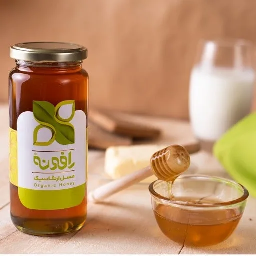 عسل ارگانیک رافونه، رنگ نارنجی و طلایی، شیشه جار