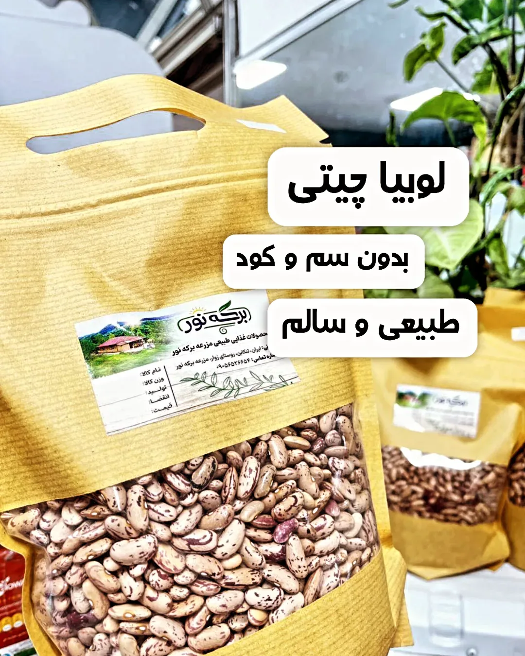 لوبیا چیتی قلمی ۹۰۰ گرمی برکه نور، رنگ کرم و قهوهای، جنس پلاستیک، کیسه
