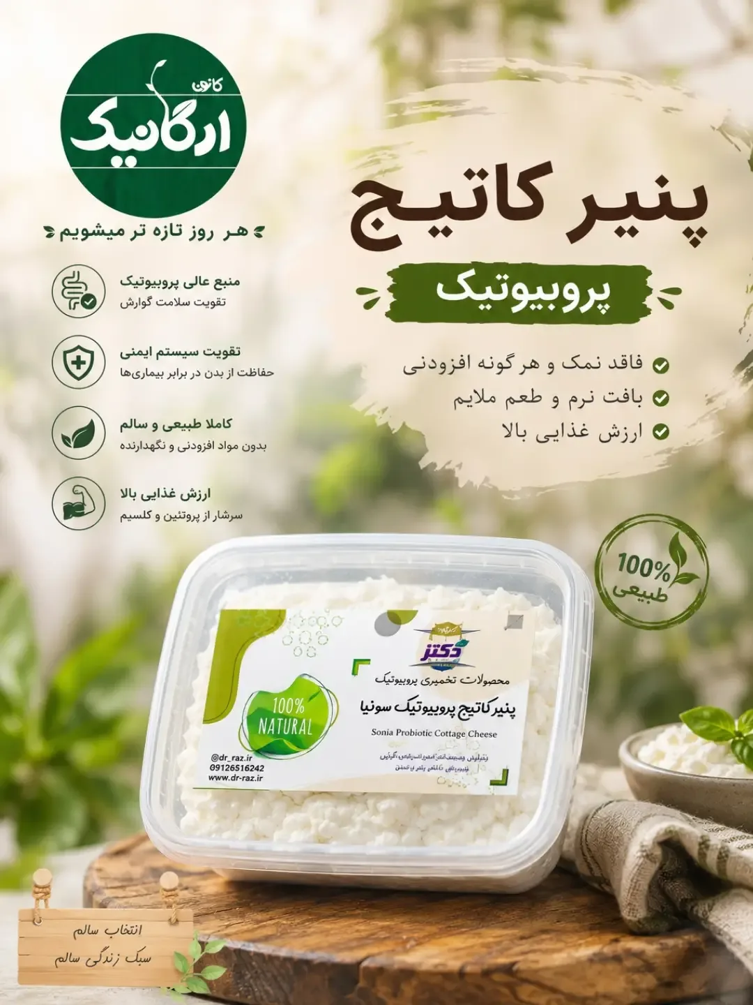 پنیر کاتیج پروبیوتیک سونیا، رنگ سفید و سبز، جنس پلاستیک، قوطی