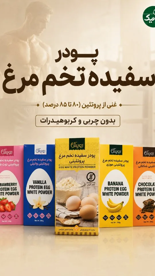 پودر سفیده تخم مرغ پروتئینی رویسا، رنگ زرد و آبی، جنس مقوا، قوطی مقوایی