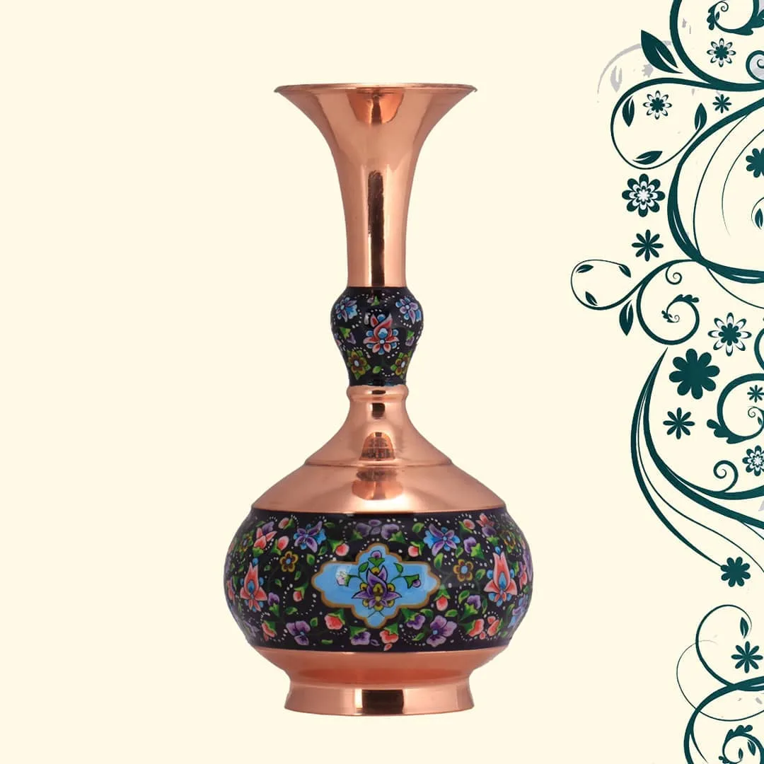 گلدان مس و پرداز، رنگ مسی، مشکی و آبی، جنس فلز، طرح گلدار، بلند لبه‌گشاد