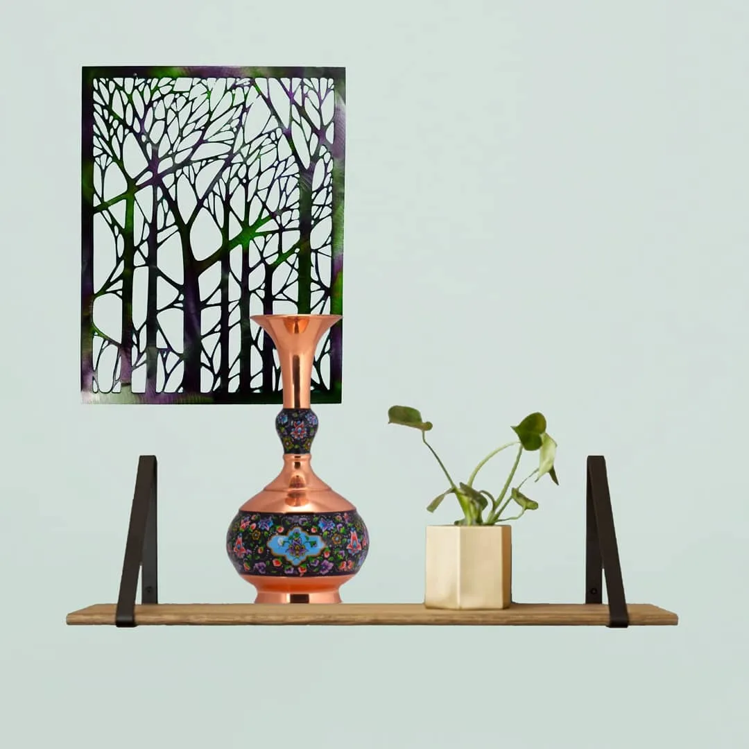 گلدان فیروزه‌کوب ۳۰ سانتی، رنگ مسی، فیروزه‌ای و رنگی، جنس مس، طرح گلدار، دهانه گشاد، پایه دار