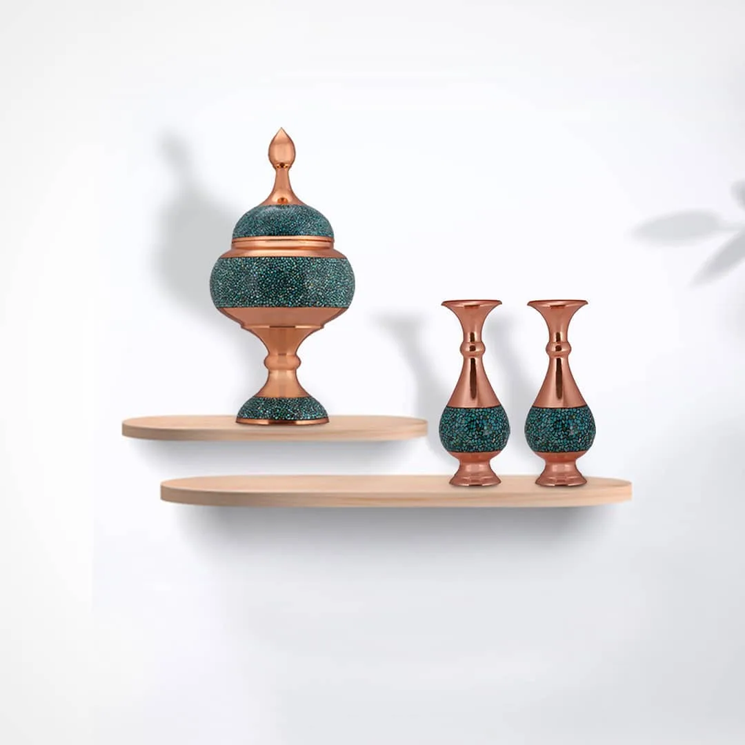 ظروف فیروزهکوب، رنگ مسی و فیروزهای، جنس مس، گلدان، ظرف دربدار