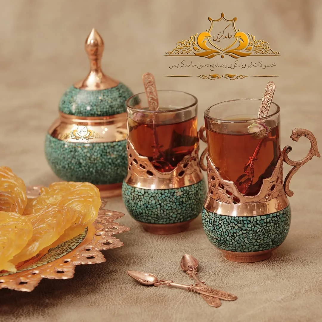 ست پذیرایی فیروزه‌کوب — رنگ مسی — نمای محیط — سماور — عکس ۳