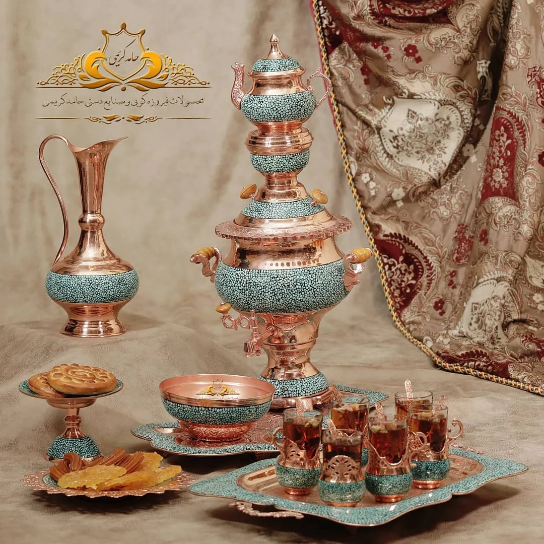 ست پذیرایی فیروزه‌کوب — رنگ مسی — نمای محیط — سماور — عکس ۵
