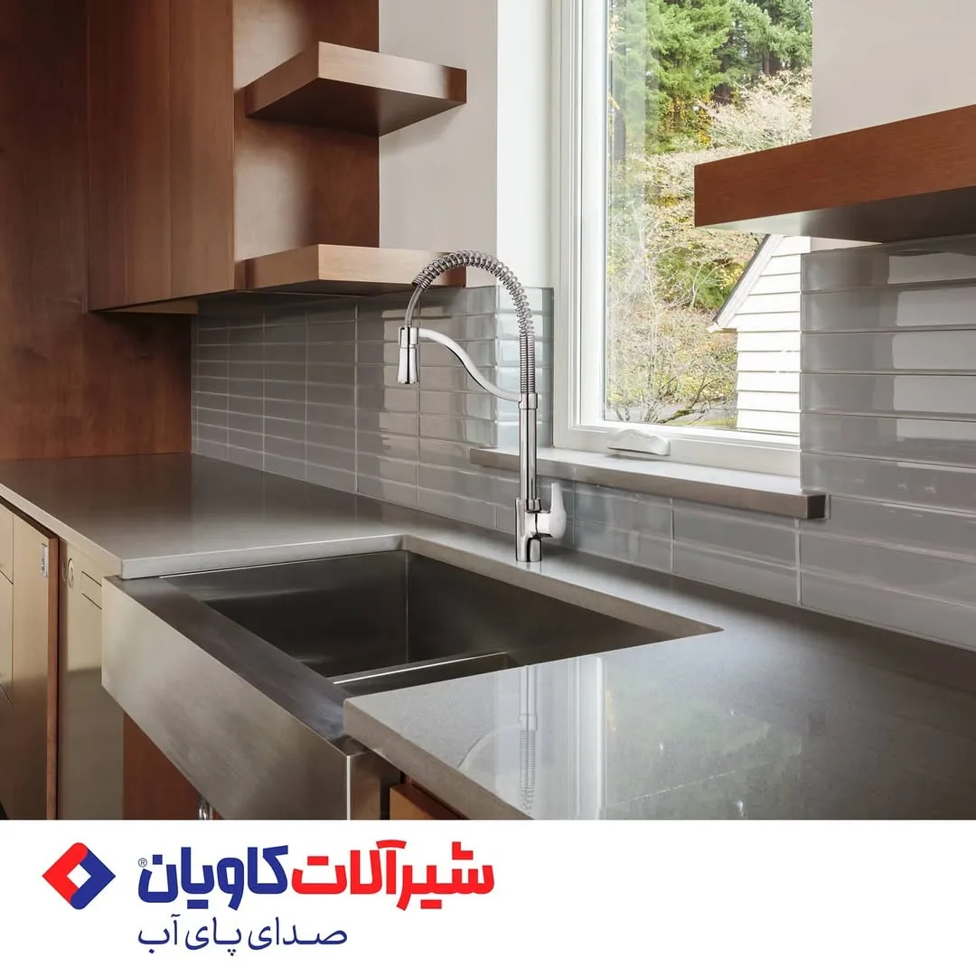 شیر ظرفشویی فنری آنیتا کاویان، رنگ کروم و نقره‌ای، جنس فلز، فنری شلنگ‌دار