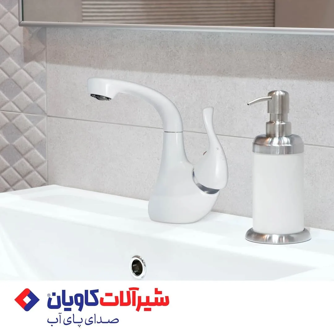 شیر اهرمی روشویی بیتا کاویان، رنگ سفید و نقرهای، جنس فلز و سرامیک، اهرمی خمیده