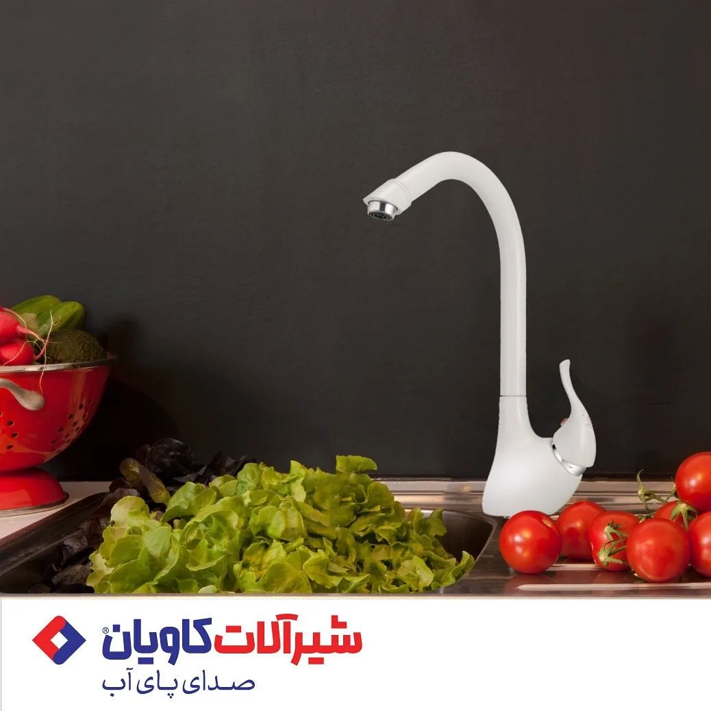 شیر ظرفشویی بیتا کاویان، رنگ سفید و نقره‌ای، جنس فلز، ایستاده اهرمی