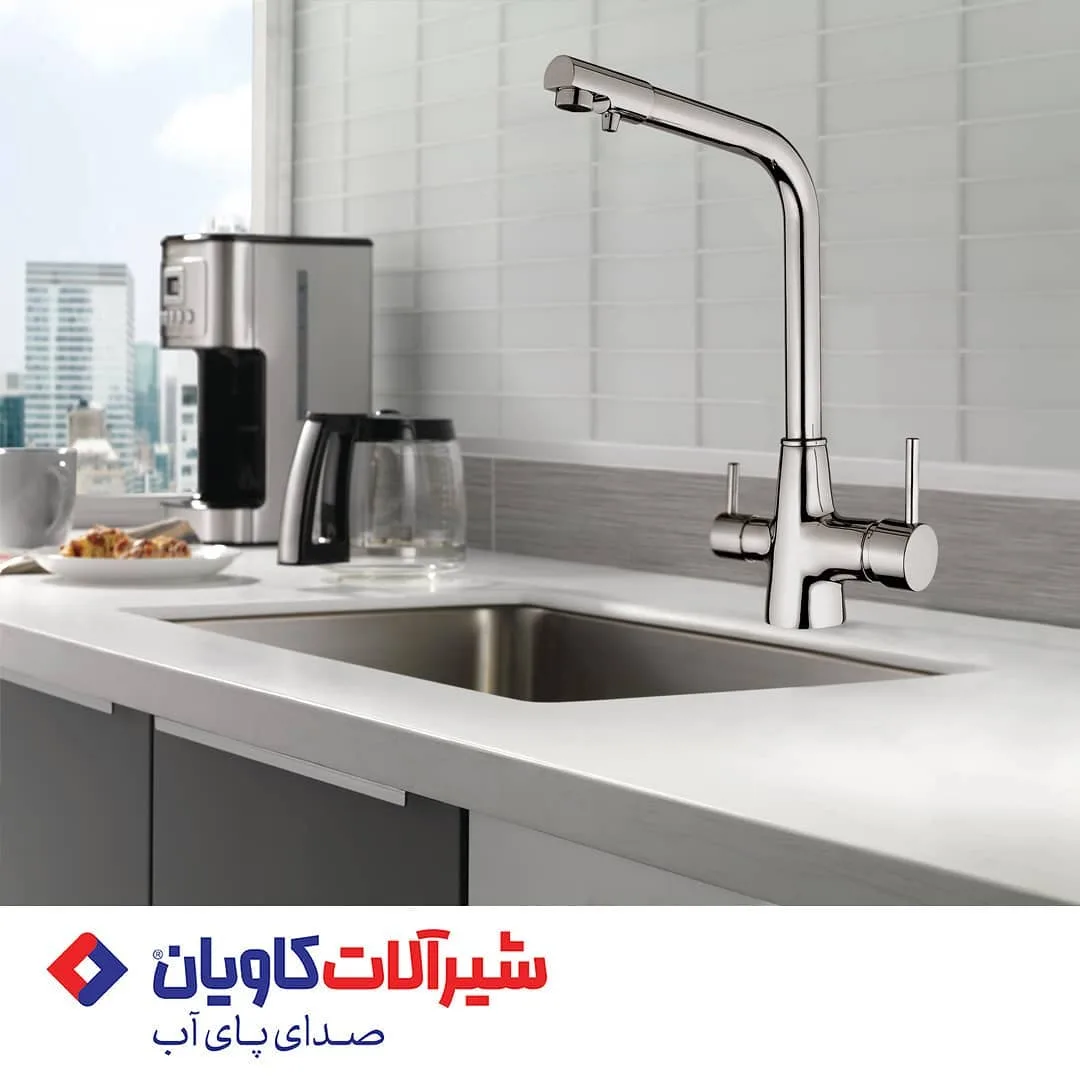 شیر ظرفشویی دوکاره هیوا کاویان، رنگ استیل، جنس استیل، دو اهرمی، شلنگدار