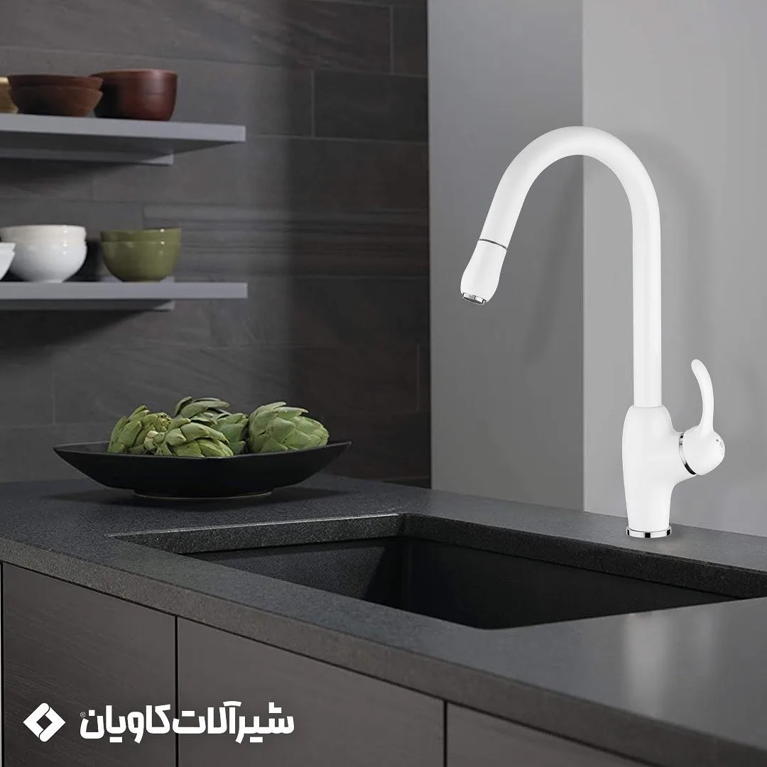 شیر ظرفشویی شاوری وندا کاویان، رنگ سفید و کروم، جنس فلز، فنری، تک‌دسته