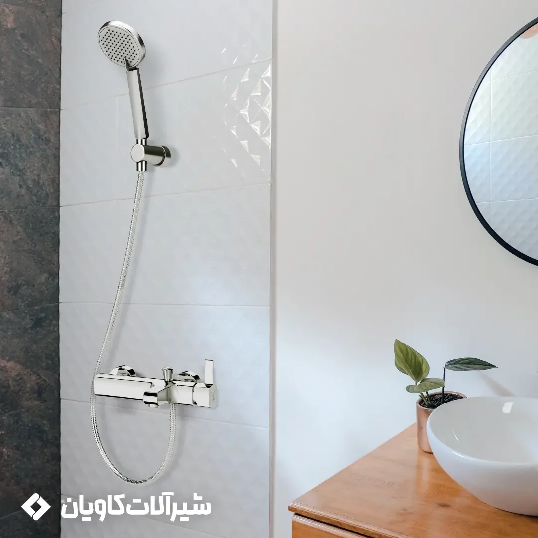 شیر حمام ساتین کروم کاویان، رنگ نقرهای، جنس فلز، دستی، با شلنگ