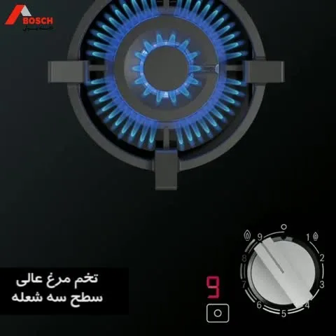 اجاق گاز رومیزی بوش، رنگ مشکی، نقرهای و آبی، جنس شیشه و فلز، توکار تک شعله