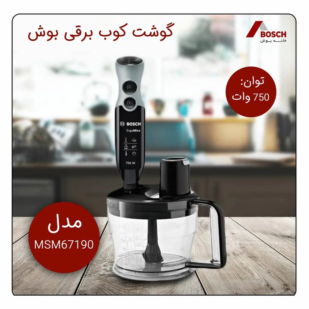 گوشت‌کوب برقی بوش، رنگ مشکی و نقره‌ای، جنس پلاستیک و فلز، همراه با ظرف
