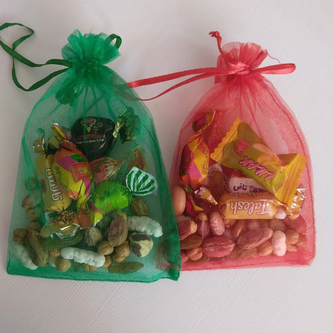 کیسه توری ۱۰×۱۵ سانت — رنگ سبز — نمای روی‌تن — بنددار — عکس ۶