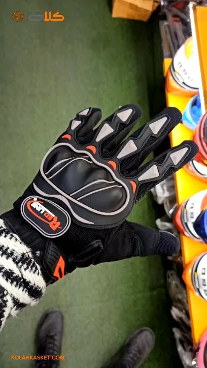 دستکش پروتکشن‌دار ردلاین، رنگ مشکی، خاکستری و نارنجی، جنس چرم و پارچه، پنجه‌دار محافظ‌دار