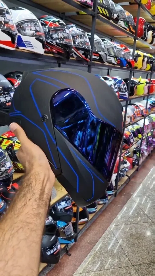 کلاه کاسکت فک متحرک مدل 937 ردلاین، رنگ مشکی و آبی، طرح هندسی، تمام صورت، شیشه رنگی
