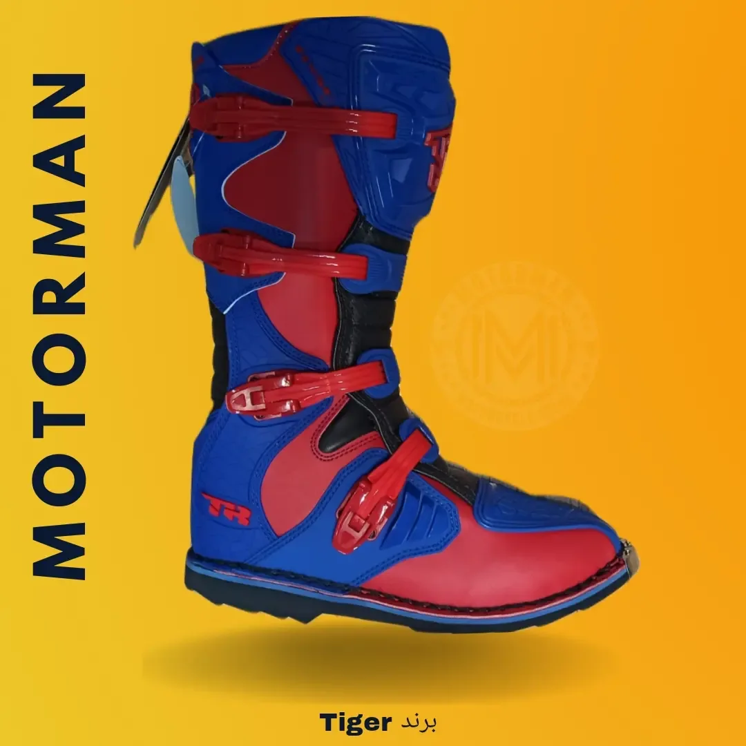 بوت موتورسواری تایگر T2 Tiger، رنگ آبی، قرمز و مشکی، جنس چرم، ساق بلند