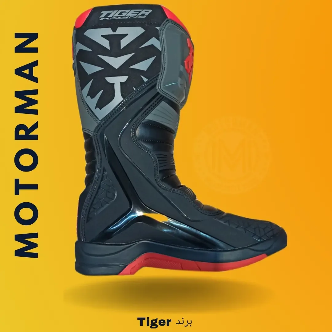 بوت موتورسواری تایگر T2 Tiger، رنگ مشکی، خاکستری و قرمز، جنس چرم، طرح هندسی، ساق بلند