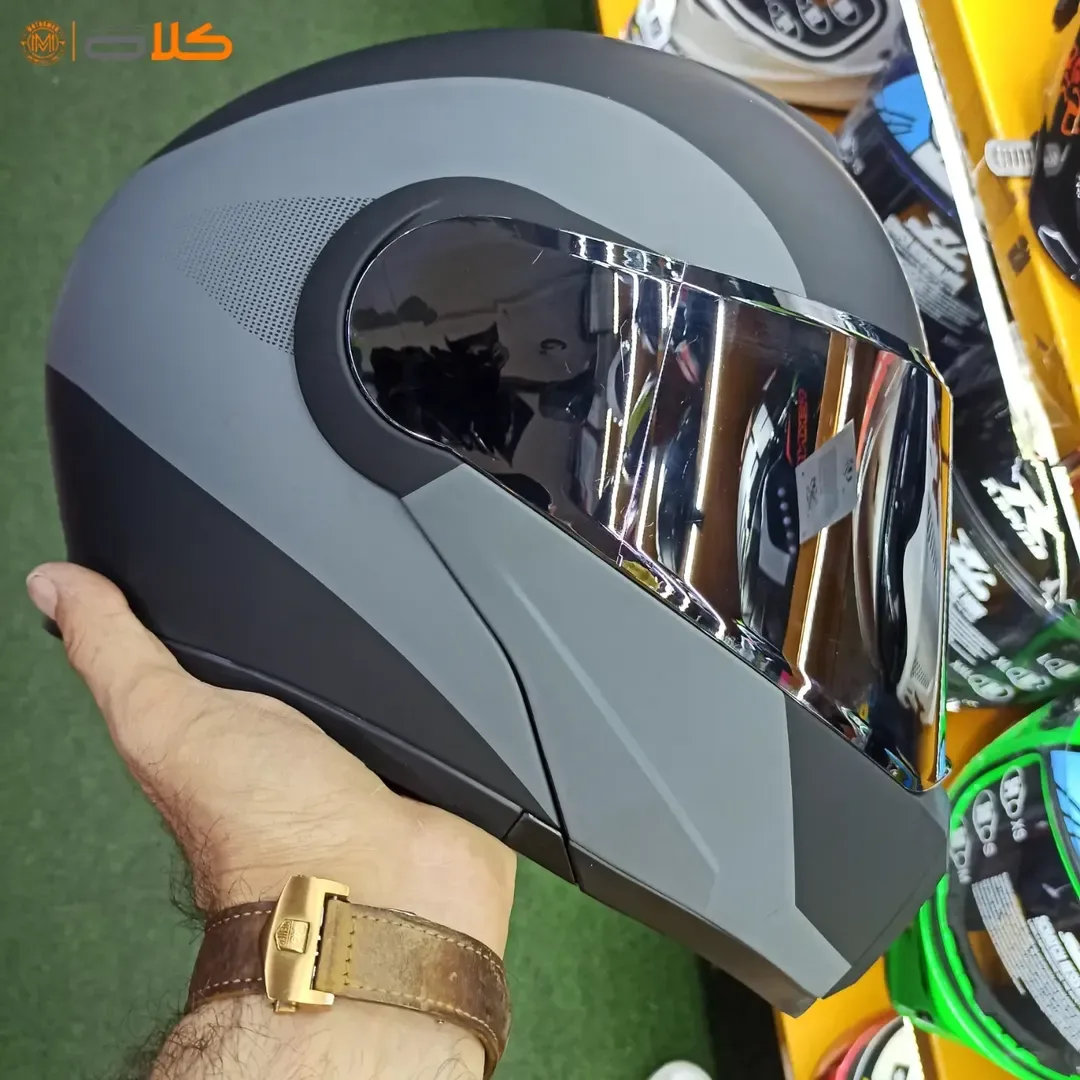 کلاه کاسکت فک متحرک مدل 955، رنگ خاکستری و مشکی، جنس پلاستیک، تمام صورت، اسپرت