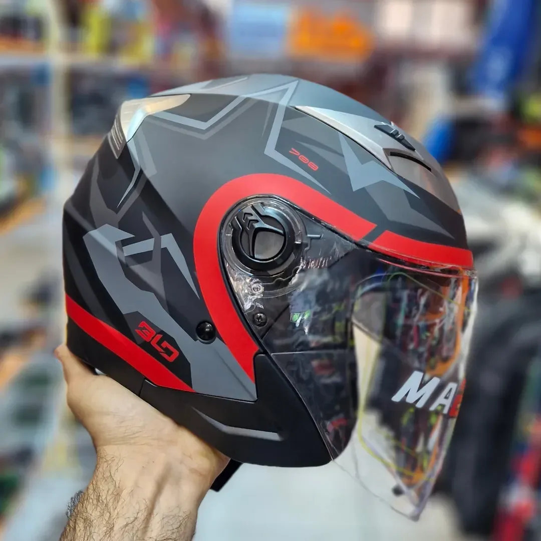 کلاه کاسکت بدون فک مدل 958 MA2، رنگ خاکستری، مشکی و قرمز، جنس پلاستیک، طرح هندسی، کلاه ایمنی فک‌متحرک