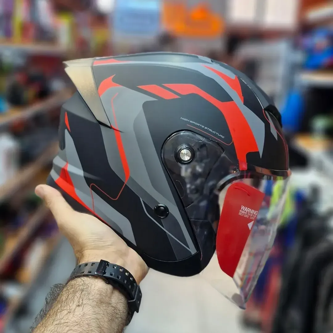 کلاه کاسکت بدون فک مدل 966 ردلاین، رنگ مشکی، قرمز و خاکستری، طرح هندسی، کلاه ایمنی موتور سیکلت