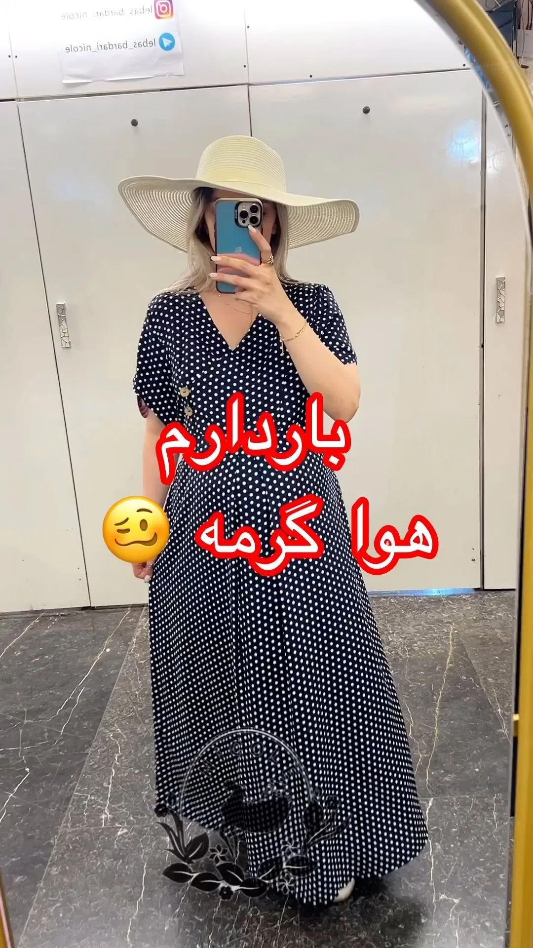 پیراهن بارداری شیردهی مدل تبسم، رنگ سرمه‌ای و سفید، طرح خال‌دار، ماکسی آستین کوتاه یقه هفت