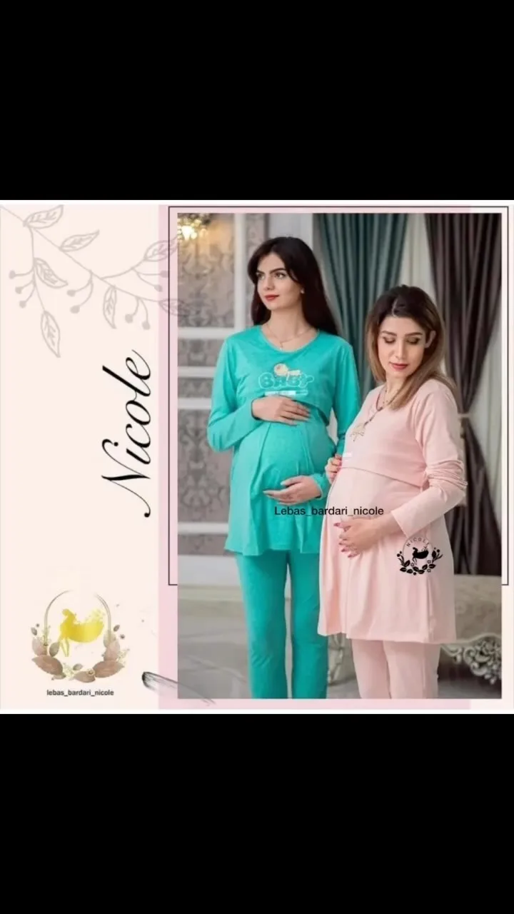ست تونیک و شلوار بارداری شیردهی نیکول، رنگ فیروزه‌ای و صورتی، آستین بلند