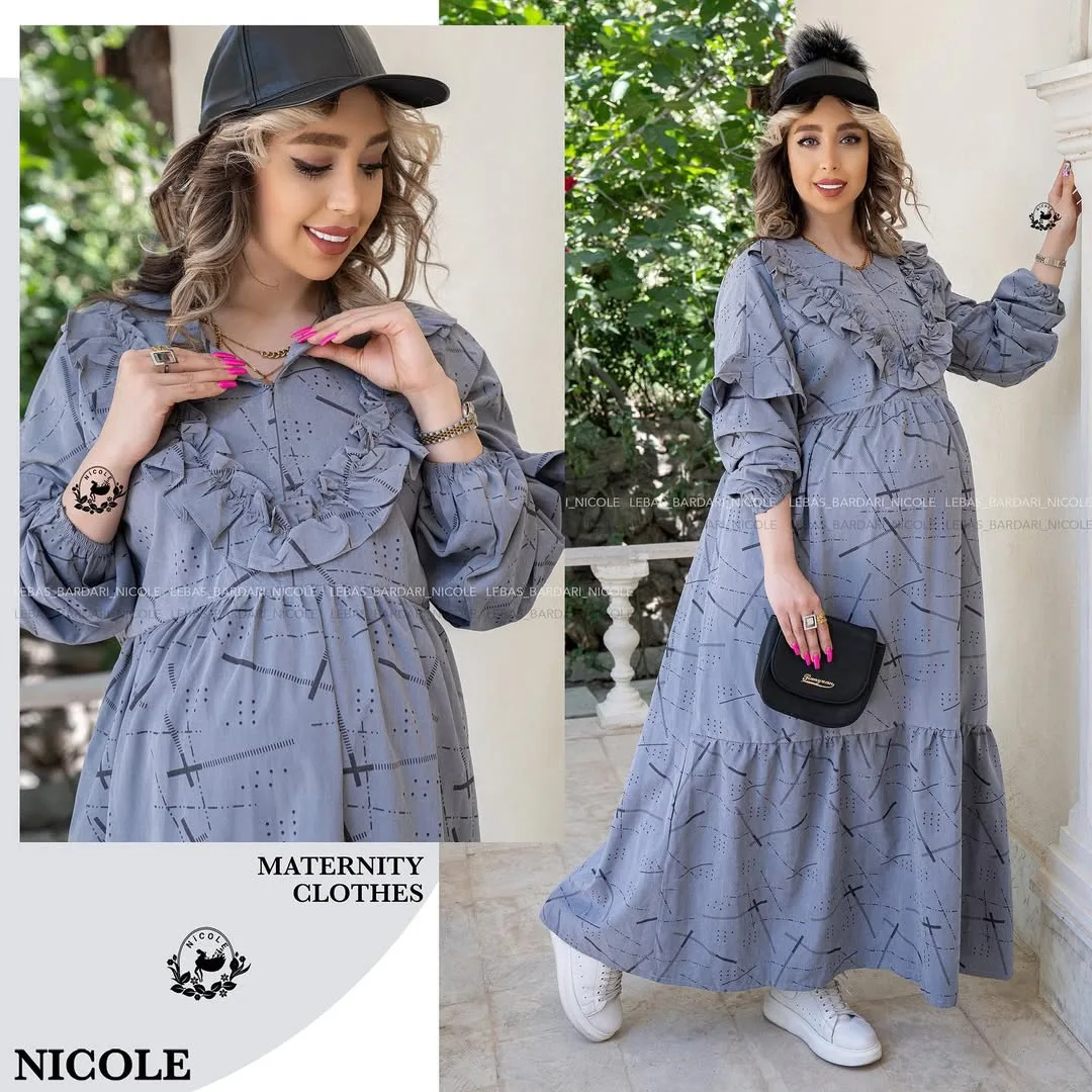 پیراهن بلند پاییزه مخمل میکرو بارداری، رنگ خاکستری، طرح هندسی، آستین بلند، چین‌دار