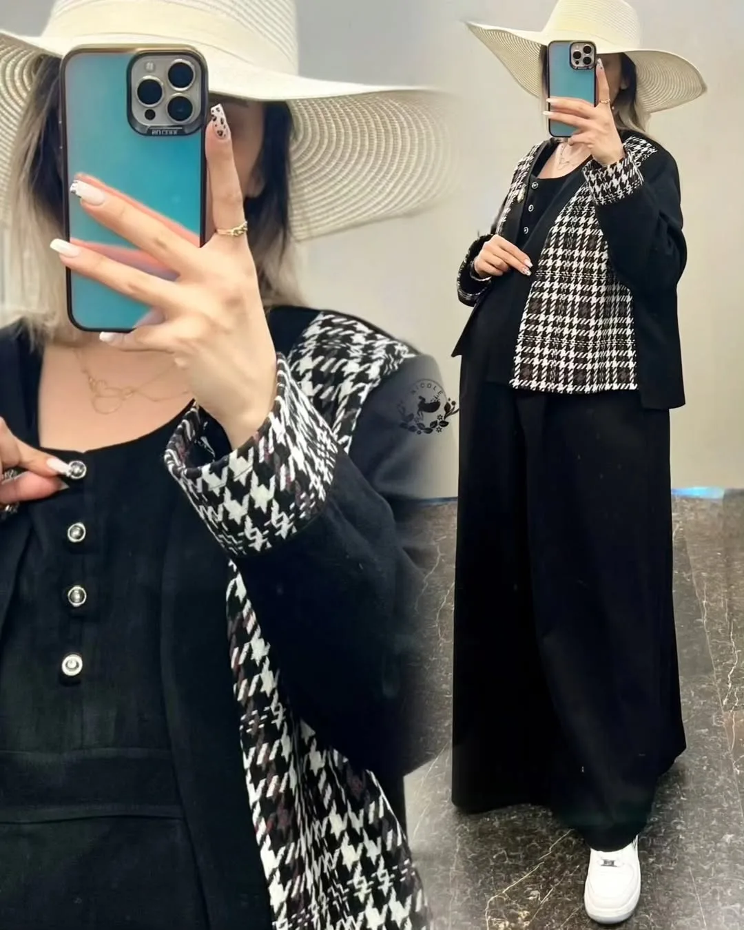 کت سارافون پشمی شیردهی، رنگ مشکی و سفید، طرح چهارخانه، کوتاه، یقه گرد، آستین بلند