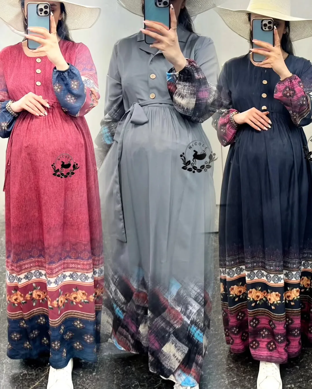 پیراهن بارداری و شیردهی پانل ترک، رنگ سرخابی، طوسی و سرمه‌ای، طرح طرح‌دار، ماکسی، یقه گرد، آستین بلند