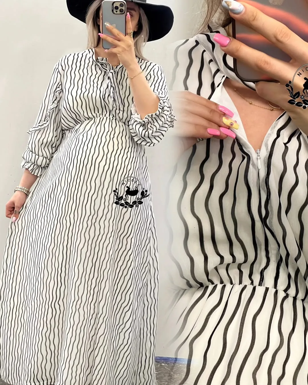 پیراهن بارداری شیردهی طرح گورخری، رنگ سفید و مشکی، طرح راه‌راه، ماکسی، یقه کرواتی، آستین بلند