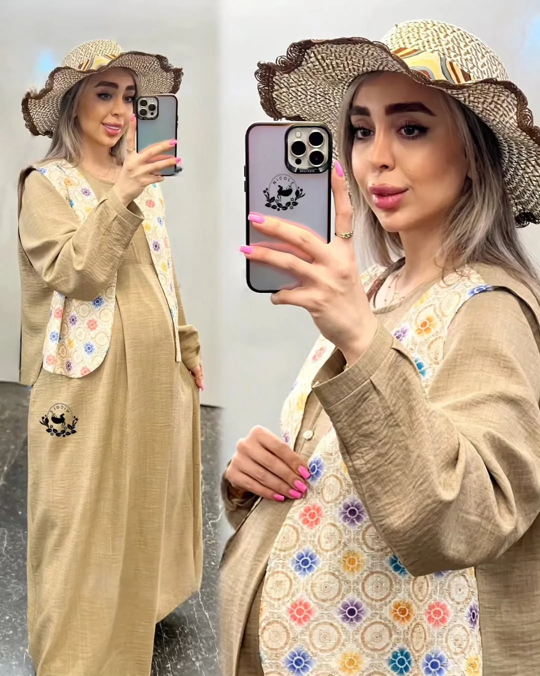 ست پیراهن و وست سوزن‌دوزی بارداری، رنگ کرم و سفید، طرح گلدار، بلند، یقه گرد، آستین بلند، گشاد