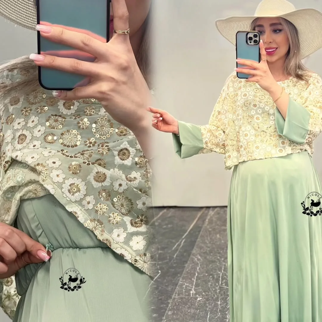 پیراهن بارداری بلند، رنگ سبز روشن و کرم، طرح گل‌دوزی، ماکسی، یقه گرد، آستین سه ربع