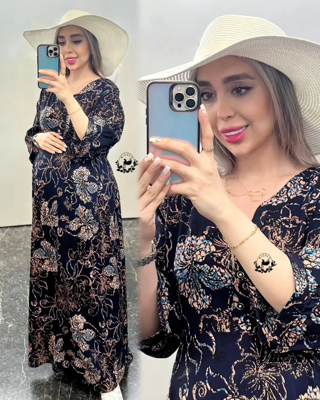 پیراهن ساحلی بارداری و شیردهی، رنگ مشکی، صورتی و آبی، طرح گلدار، ماکسی، یقه V، آستین سه ربع