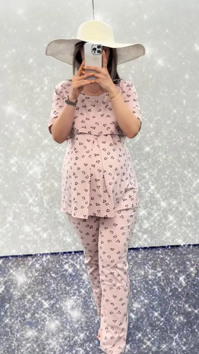 ست شومیز و شلوار بارداری، رنگ صورتی، جنس کتان، شومیز کوتاه، شلوار راسته
