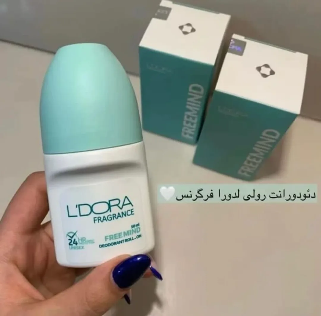 دئودورانت رول‌آن لدورا، رنگ سفید و آبی روشن، جنس پلاستیک، استوانه‌ای