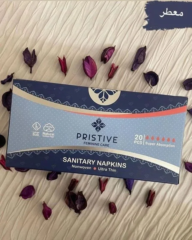 نوار بهداشتی معطر Pristive، رنگ سرمه‌ای و آبی، جنس مقوا، بسته‌ای