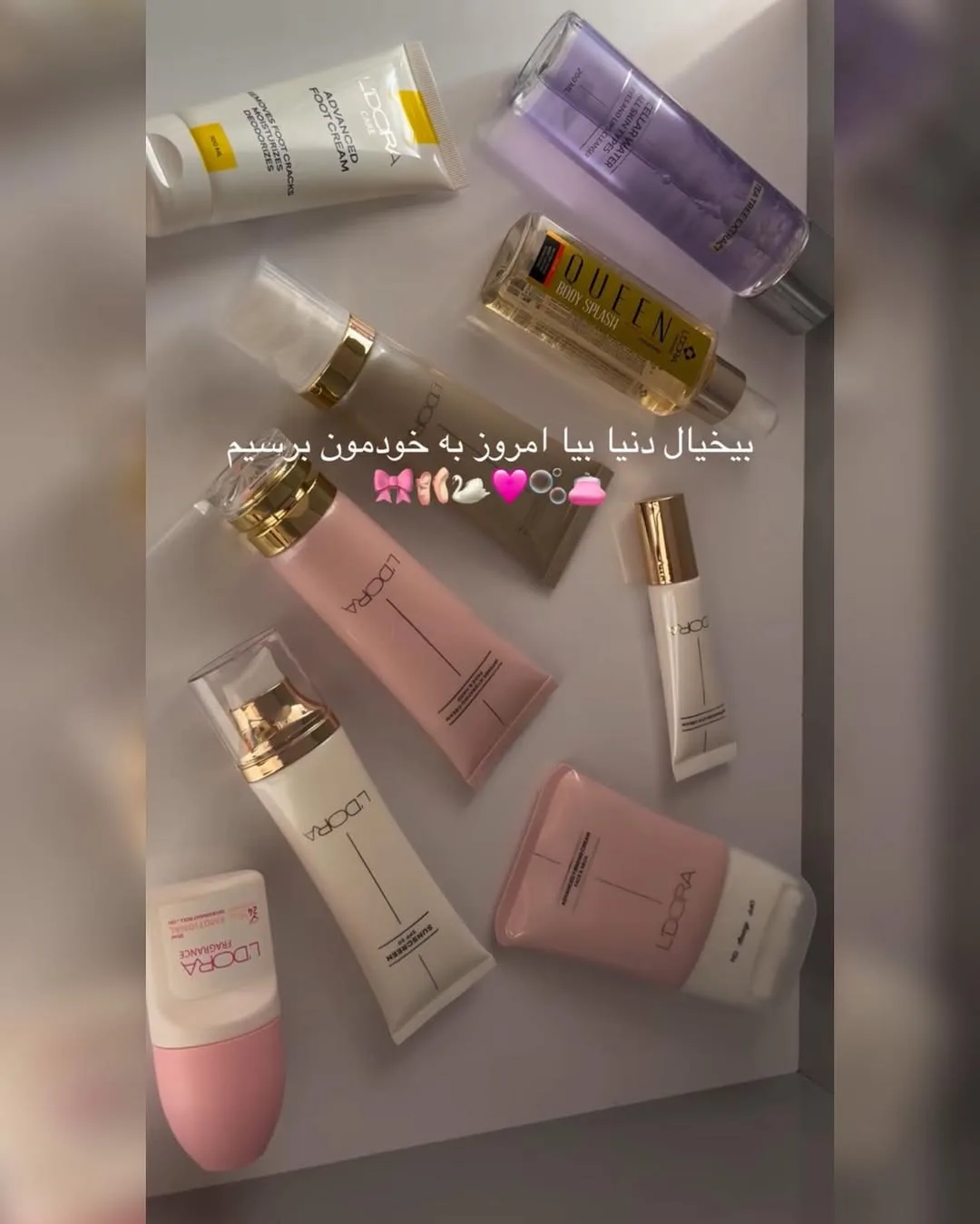پک لاکچری مراقبت پوست لدورا، رنگ صورتی، سفید، بنفش و قهوه‌ای، جنس پلاستیک و شیشه، تیوپی و بطری