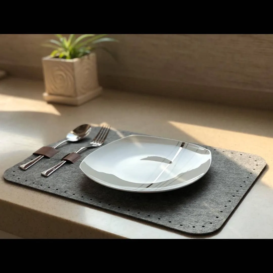 زیربشقابی نمدی چرم، رنگ خاکستری، مستطیلی با لبه گرد