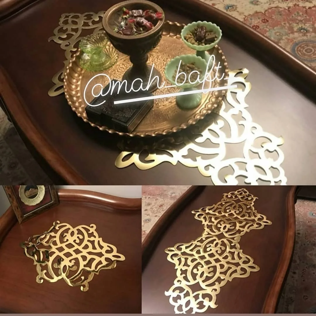 ست رانر طرح شیدا، رنگ طلایی، جنس فلز، طرح هندسی، رانر رومیزی تزئینی